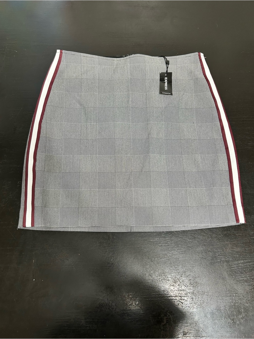 Express Gray Plaid Mini Skirt with Burgundy and White Side Stripes